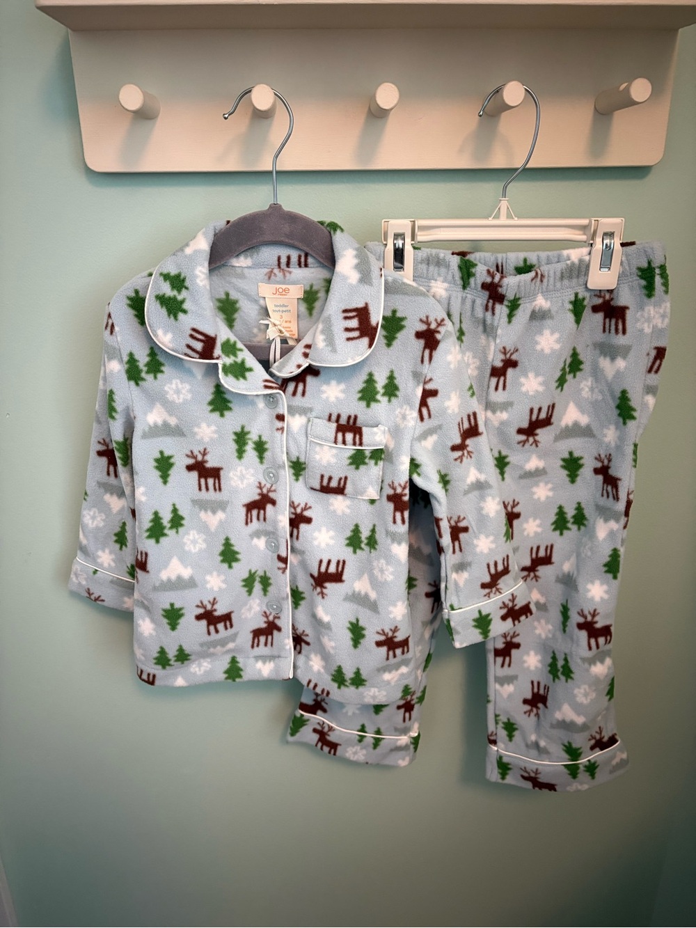 Joe Fresh Light Blue Fleece Pajama Set with Brown Reindeer & Green Trees